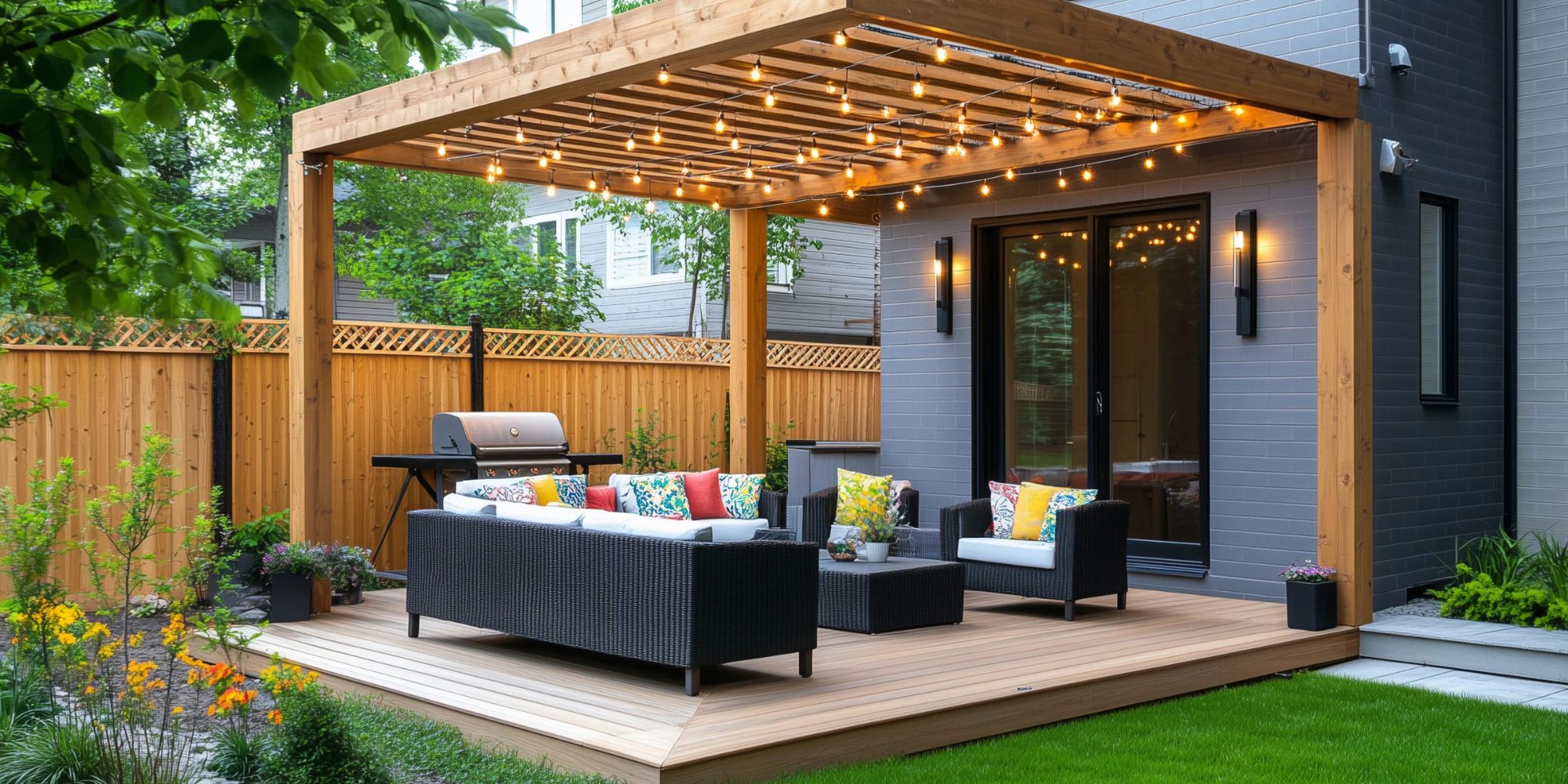 Backyard pergola with string lights