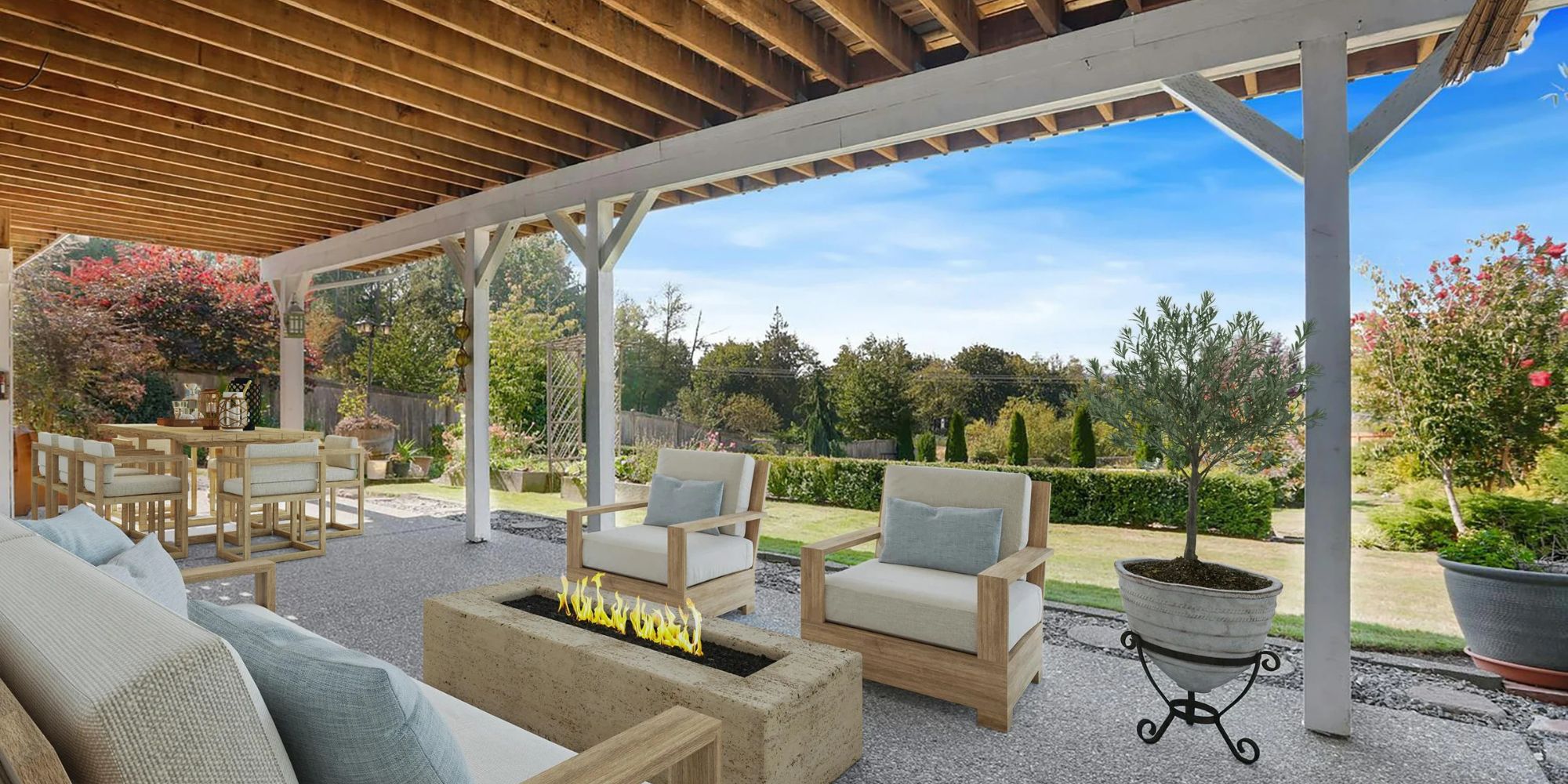 Covered patio with fire pit and outdoor furniture