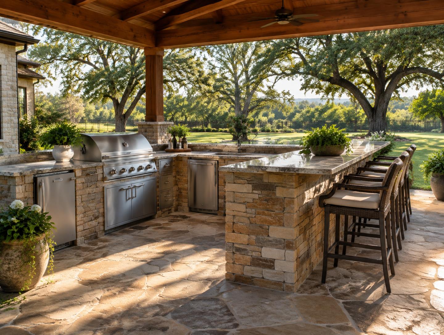 Outdoor kitchen with built-in grill, stone counters, and bar seating under a covered structure