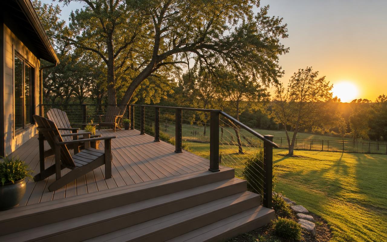 Composite deck with cable railing and chairs overlooking the backyard at sunset