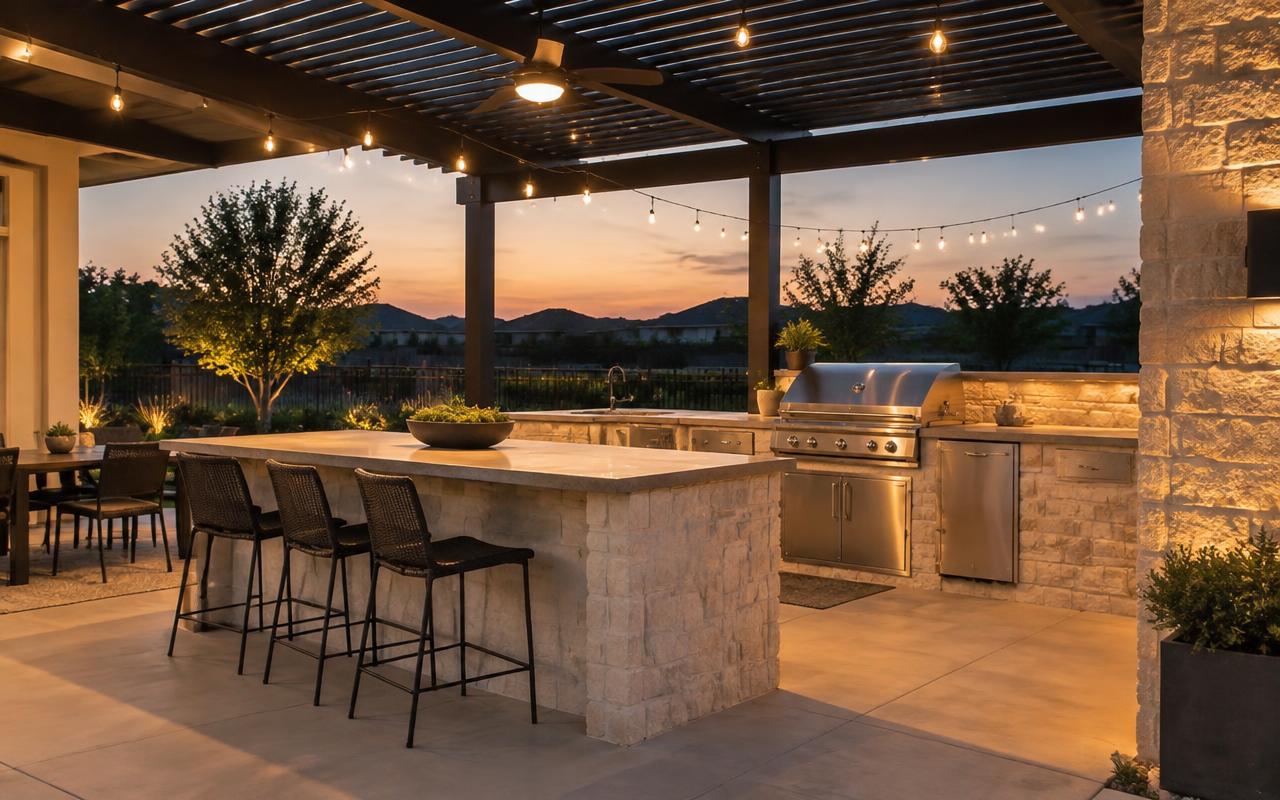 Outdoor kitchen with built-in grill, stone island, and bar seating under string lights