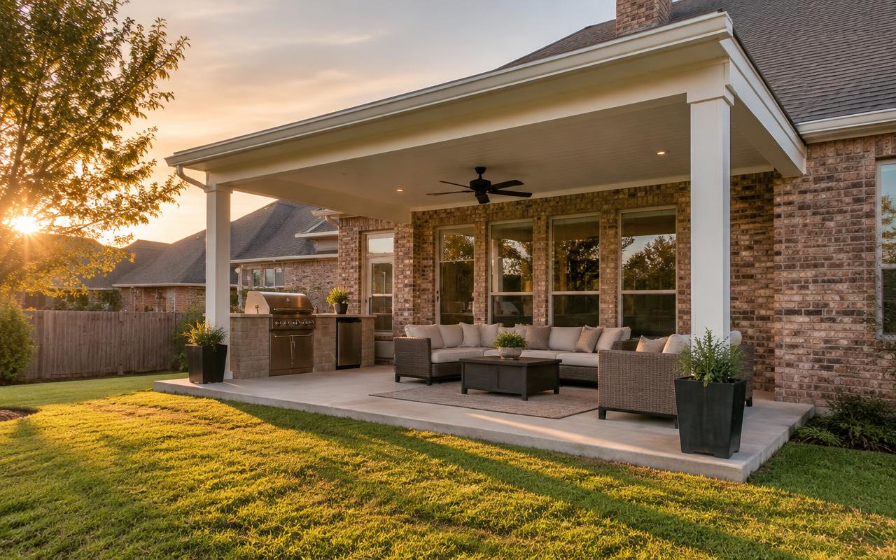 Modern patio cover with ceiling fan and lounge seating beside a brick home at sunset